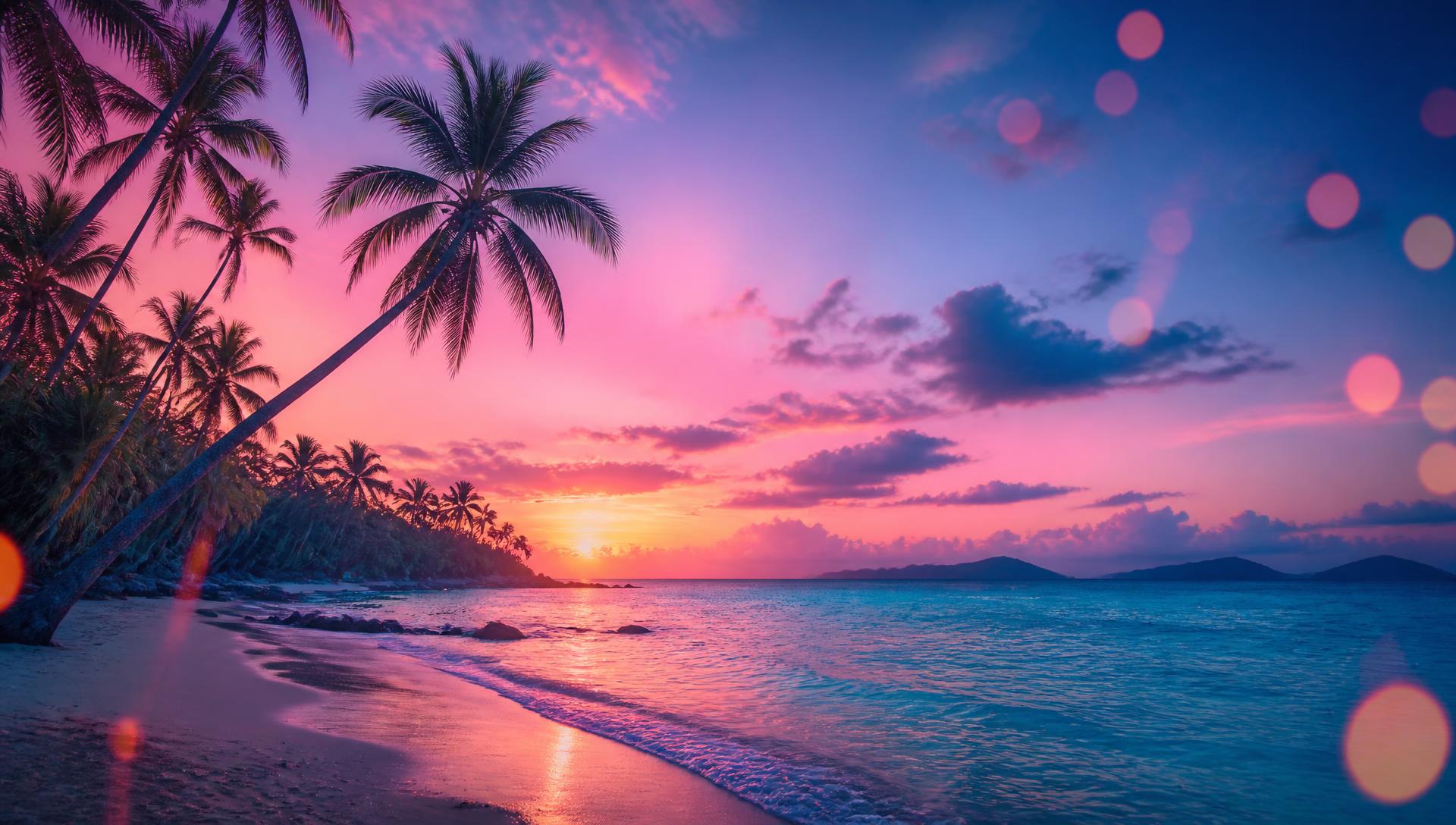 Tropical sunset shoreline with palm trees, the JustMet AI backdrop